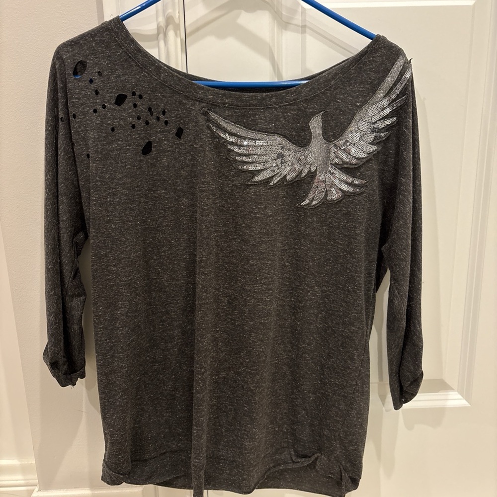 Allen B. By Allen Schwartz Charcoal Top with Metallic Bird Design